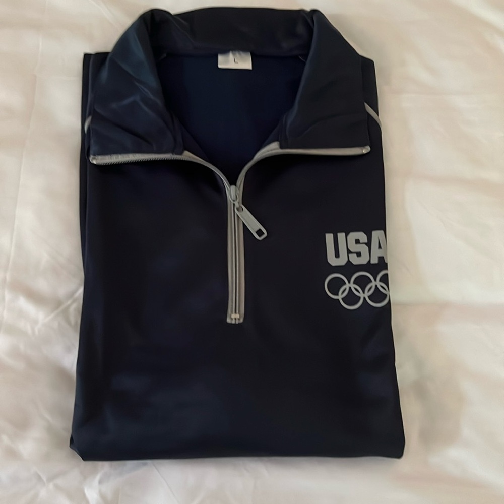 Men’s USA Olympic pullover 1/4 zipper silky polyester gray & navy fleece lining
